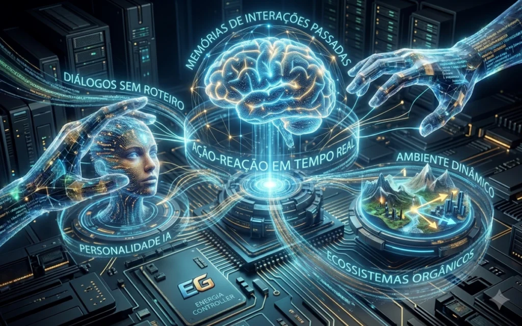 Imagem reflete como a inteligencia artificial reage com interaçoes, dialogo, personalidade, memoria, e anbiente
