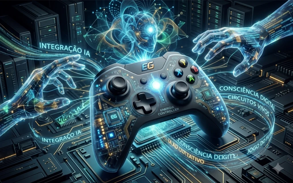Controle de videogame com efeitos digitais brilhantes representando inteligência artificial