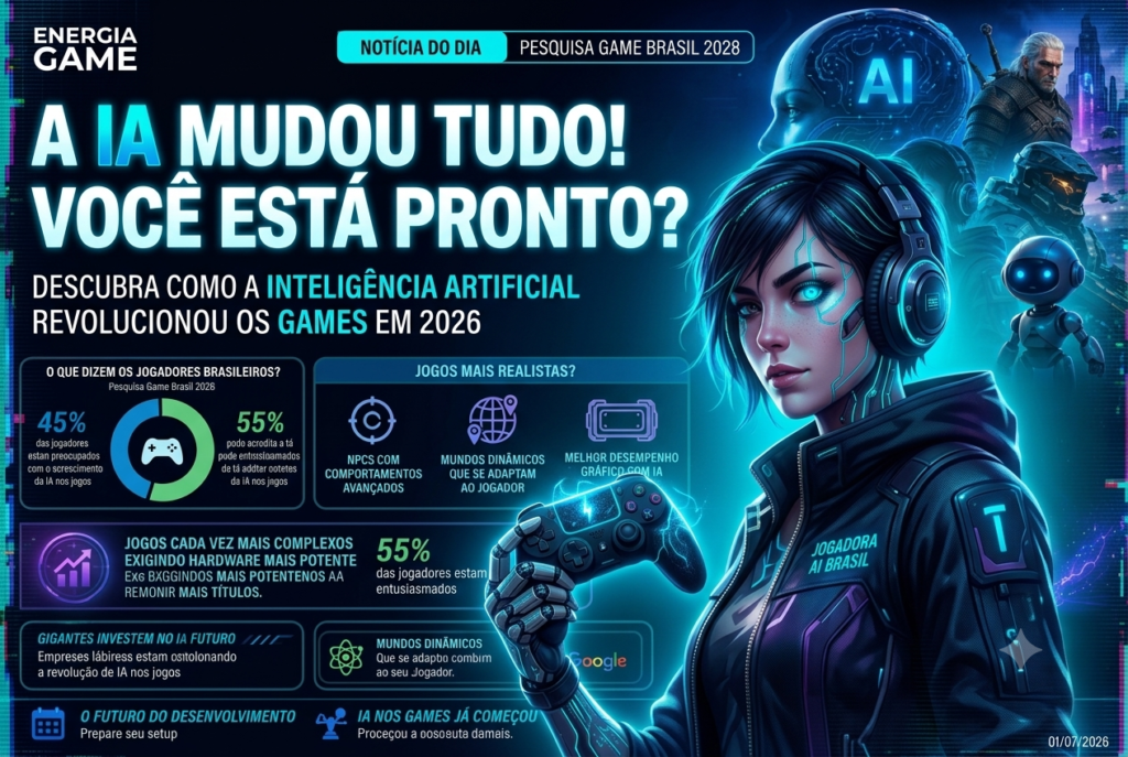 representa um anbiente virtal tecnologico com uma pernogem segurando um controle